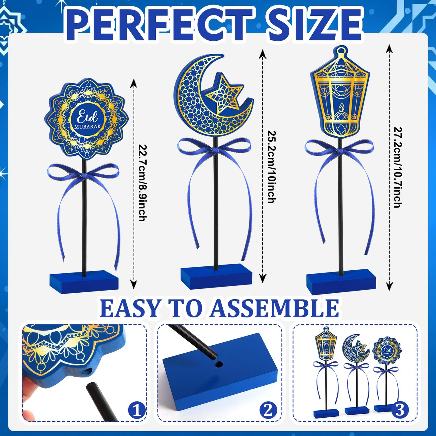 3 PCS Ramadan Table Decorations Wooden Eid Mubarak Signs Rustic Islamic Ramadan Tiered Tray Decor for Muslim Party Home Kitchen Decor (Blue.Classic)