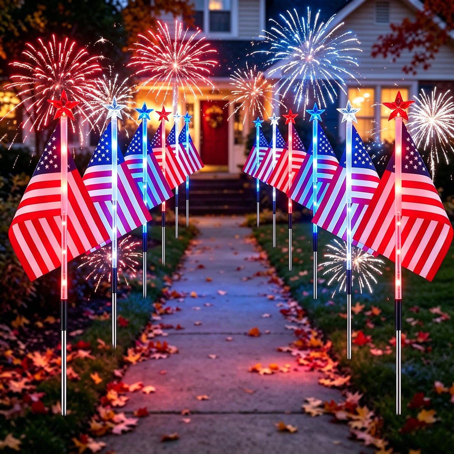 American Flag for Outside 4th of July Decorations, 9-Pack Solar Red White Blue Lights for Garden Yard Pathway, Waterproof Patriotic Decorations for 250th Anniversary, Memorial Day, Independence Day