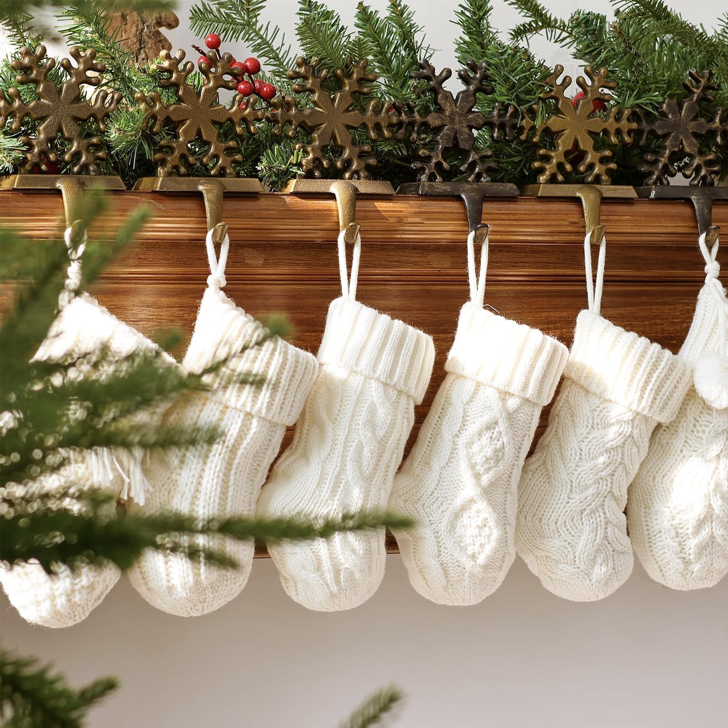 Rustic Mini Knitted Christmas Stockings: 6 Pack 9 Inch Beige Cable Knit Fireplace Stockings, Farmhouse Boho Style Cozy Handmade Hanging Xmas Stocking Decorations for Family Holiday Décor, Cream White