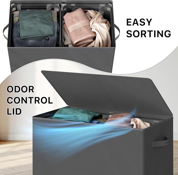Simple Houseware Double Laundry Hamper with Lid and Removable Laundry Bags, Dark Grey
