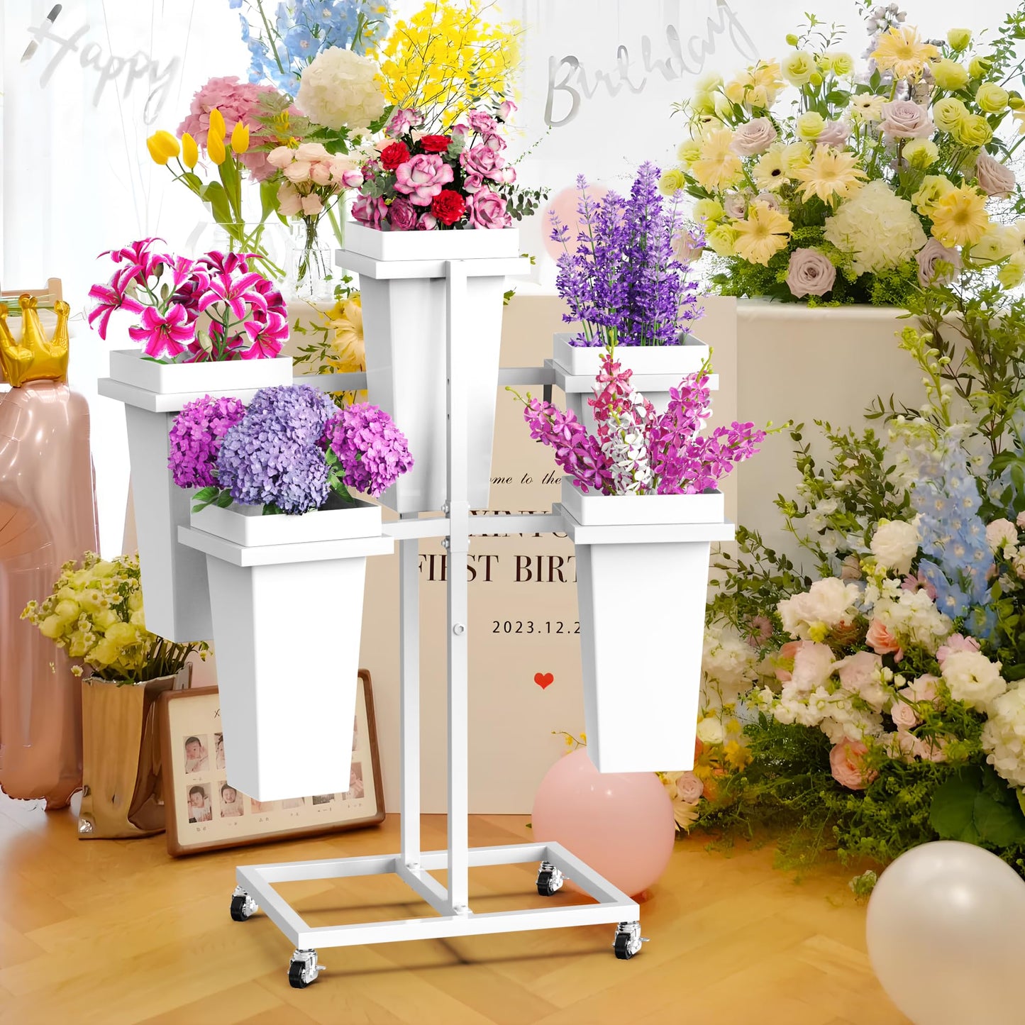 VGMiu Flower Display Stand with Buckets Wedding Flower Cart with Wheels, White Flower Pot Stand, Moving Florist Bouquet Shelf for Weddings Party Bridal Shower Event Patio Garden Living Room Decor