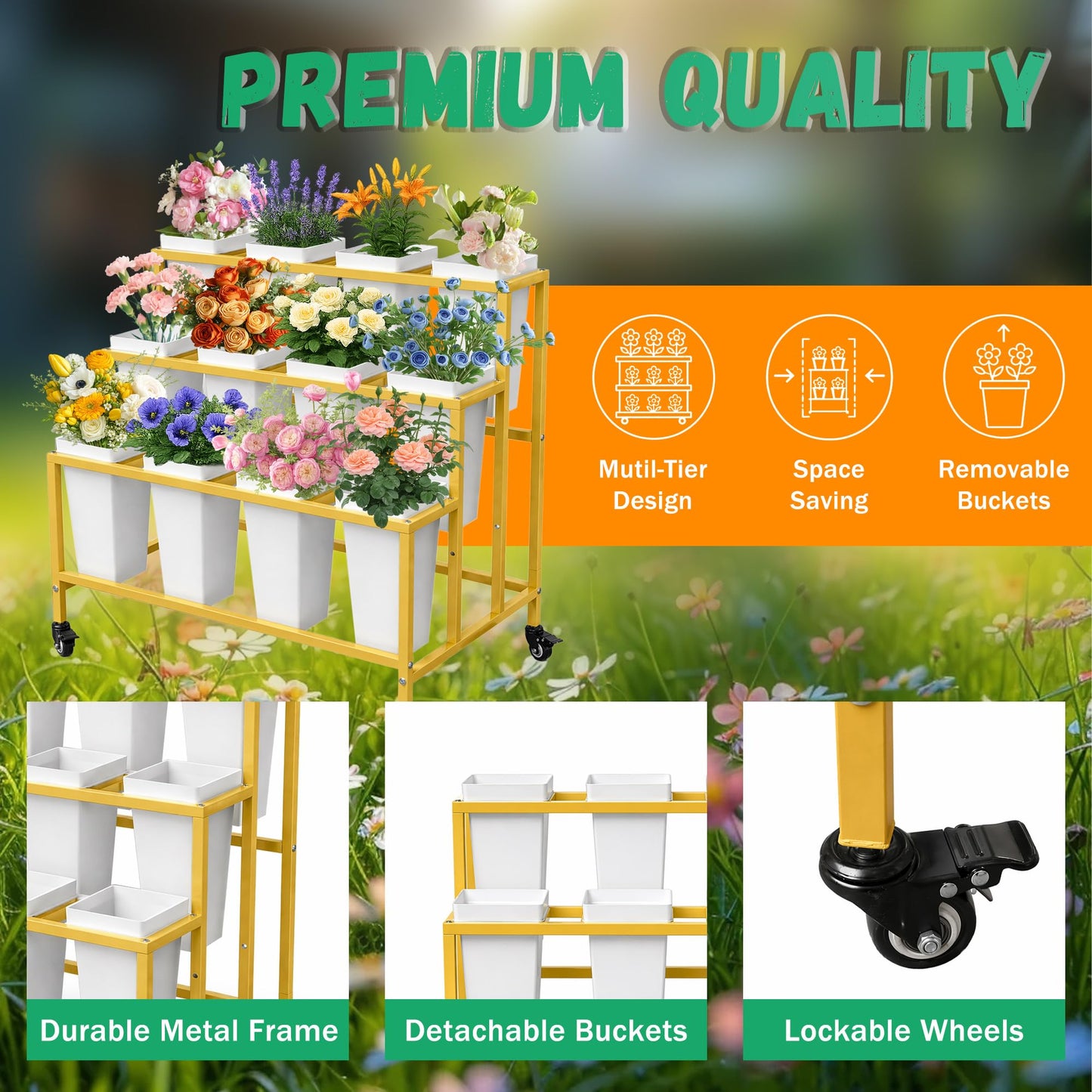 PROLEE Flower Display Stand with 12 Buckets, 3 Layers Flower Cart , Metal Flower Stand with Wheels, Moving Florist Bouquet Shelf, Gold