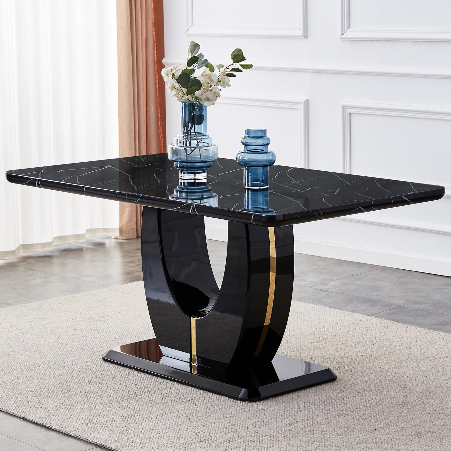 JUFU 63" Black Marble-Look Dining Table for 6, Modern Rectangular Kitchen & Dining Room Table, Glossy Faux Marble Finish Top, Pedestal Base, Easy Assembly