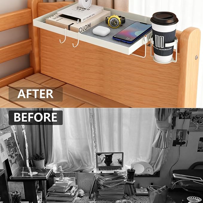 Metal Bedside Shelf for Dorm Room Bunk Bed & Top Bunk, Dorm Room Essentials, Bed Side Table Tray Organizer (White)