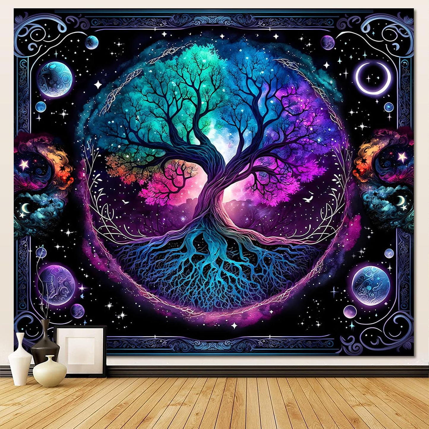 TVTLTVT Tree of Life Tapestry Sun Moon Stars Wall Hanging Boho Mandala Spiritual Wall Art Aesthetic Galaxy Wall Tapestry Nature Plant Decoration for Home Decor Bedroom Living Room Dorm Decor 59x51in