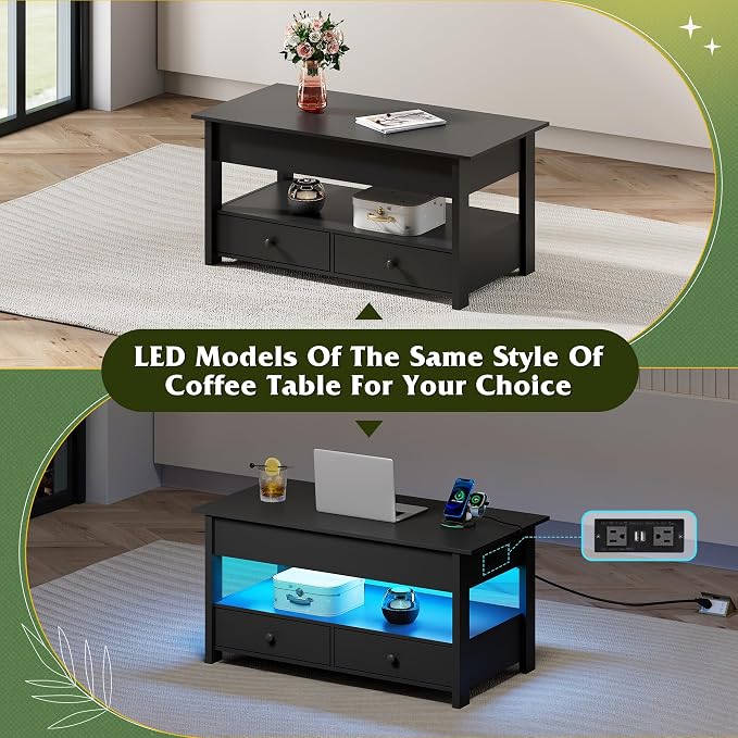 WLIVE Coffee Table, Lift Top Coffee Table with Drawers, LED Light, Large Storage and Open Shelf, Lift Tabletop for Living Room, Deep Black