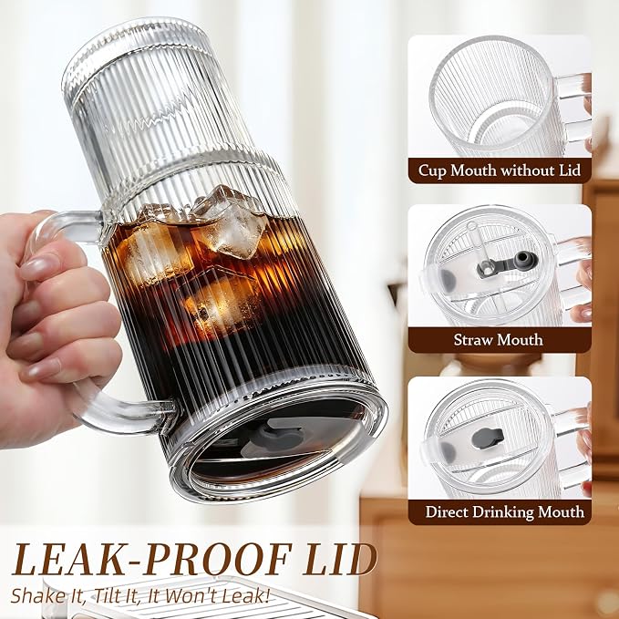Iced Coffee Cups with Lids: Coffee Bar Accessories - Ribbed Glass Tumbler with Straw and Lid 4 Pack - 24oz Tumbler Leak Proof - Glass Cups and Tumblers with Lid and Straws - Coffee Tumbler with Handle