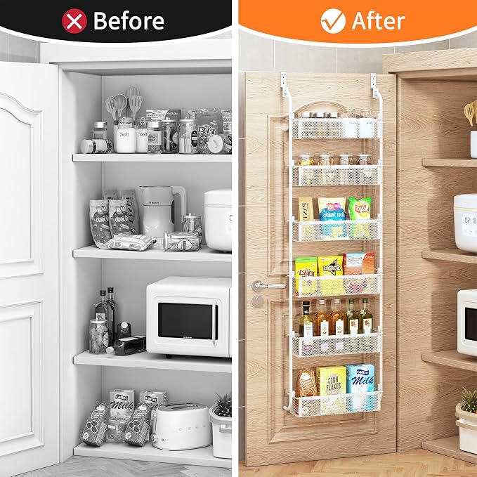 Over the Door Pantry Organizer, 6-Tier Pantry Door Organization and Storage, Over the Door Spice Rack, Home & Kitchen Storage Shelves for Cabinet, White