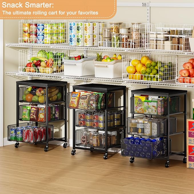 Pantry Organizer and Storage Cart, 3-Tier Kitchen Storage Cart with Drawer, Fruit Vegetable Storage Cart with Wheels, Wooden Top Metal Wire Kitchen Organizer Rack Stand for Food Snack Onion Potato