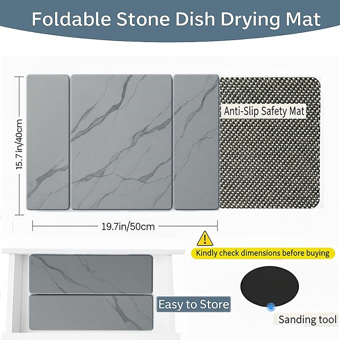Stone Drying Mat for Kitchen Counter ,19.7"×14.7" Diatomaceous Earth Dish Drying Mat, Absorbent Drying Stone Mat for Modern Kitchen Countertop (Dark Gray, Medium)