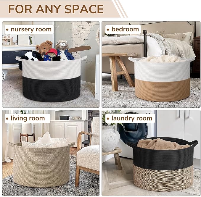 INDRESSME 115L Extra Large Storage Baskets for Organizing, Blanket Basket Living Room Dog Toy Bin, Wicker Storage Woven Laundry Basket for Pillows, Towel Shoes Entryway, Mix Black