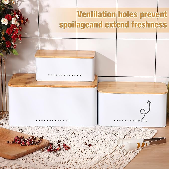 Honeydak 3 Pcs Metal Storage Box with Lid Nesting Farmhouse Storage Bins for Kitchen Pantry Bathroom Living Room Office, Aerating Produce Keeper & Countertop Organizer Set(White)