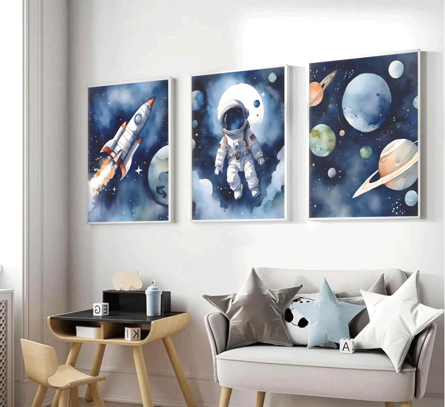 3Pcs Nursery Astronaut Wall Art Kids Space Planets Theme Canvas Painting Rocket Spaceman Wall Decor Explore Dream Galaxy Poster Prints Funny Outer Space Picture for Boys child Bedroom Living Unframed