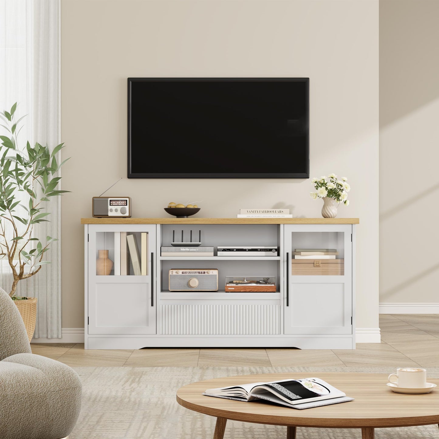 63" TV Stand for TVs up to 72" - Farmhouse Wave Design Entertainment Center with 2 Glass Door Cabinets & Open Shelves for Living Room, White & Natural