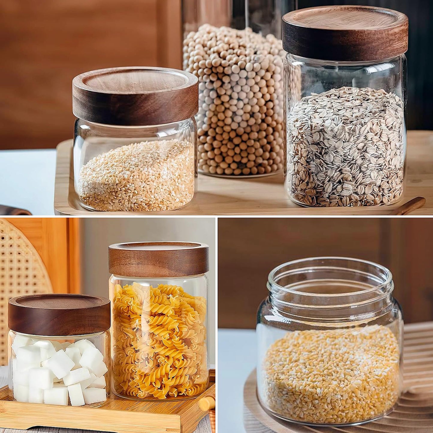 28 Fl oz/850 ml Glass Food Storage Jar, Premium Clear Glass Container Jar with Airtight Screw-on Wooden Lid, Kitchen Canisters for Coffee,Tea,Pasta,Cookies, Nuts,Spice,Candy,Overnight Oatmeal（Medium）
