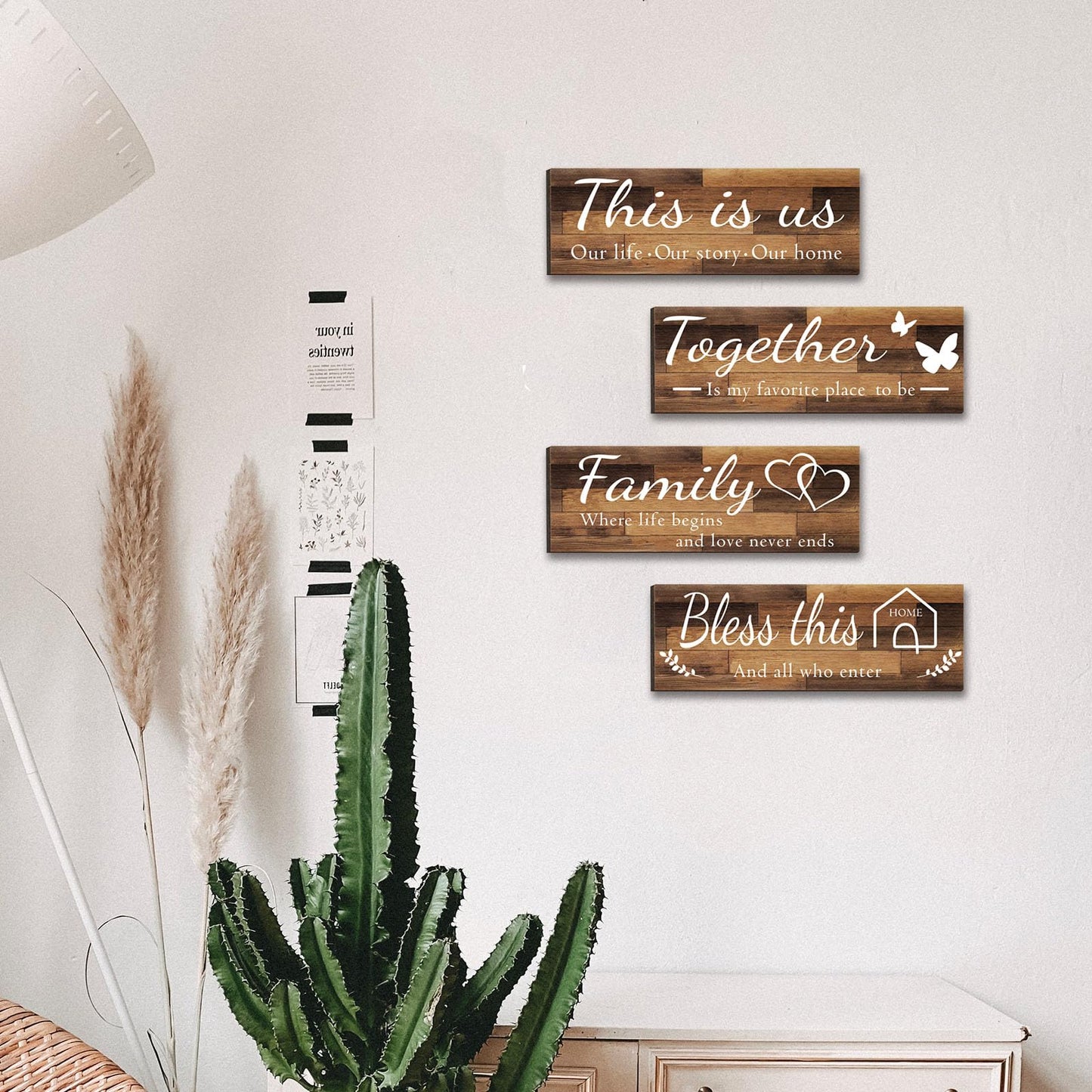 4 Pieces Home Wall Signs, THIS IS US/TOGETHER/BLESS THIS HOME/FAMILY Wall Decor For Living Room Bedroom, Rustic Wooden Farmhouse Wall Art , 4.7 x 13.8 Inch(Brown)