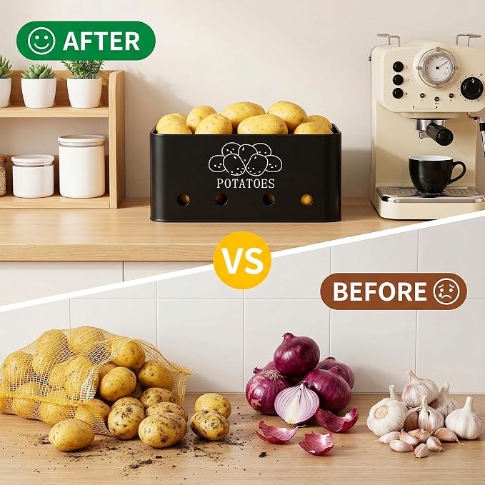3 Pack Potato Onion Garlic Storage Set, Metal Vegetable Storage Bins with Aerating Holes Bamboo Lids, Large Capacity Kitchen Canister Black Food Container for Countertop, Pantry