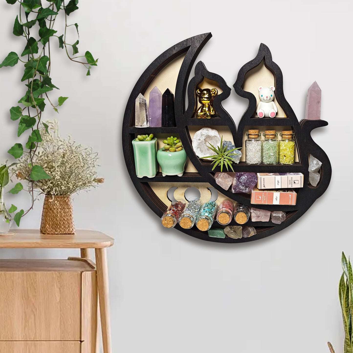 FNYDOX Crystal Display Shelf for Wall, Cats on The Moon Shelf, Crescent Moon Phase Cute Home Decor Wooden Rock Display Shelf Crystal Holder Stone Storage Aesthetic Hanging Floating Organizer