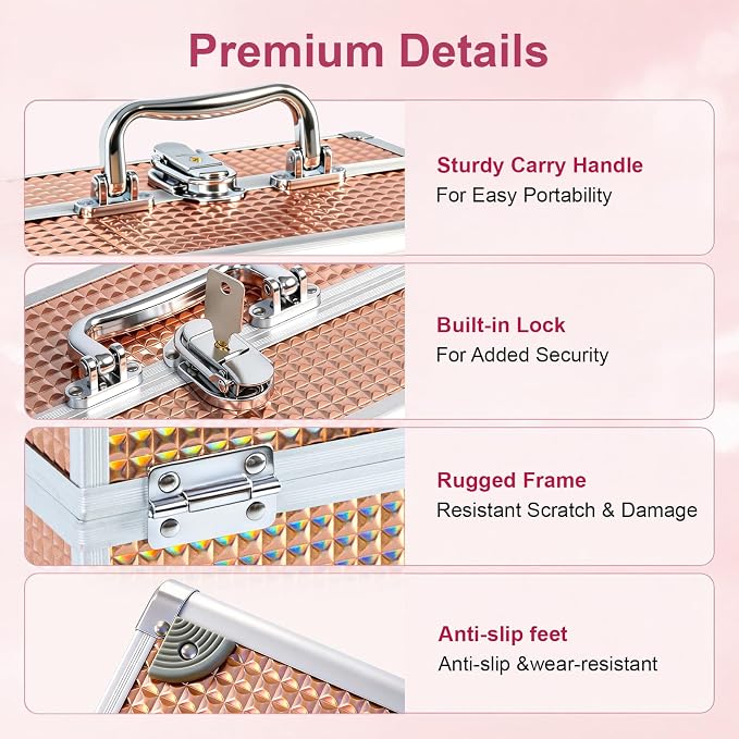 Makeup Train Case, Large Makeup Case with Mirror and Lock, Portable Makeup Box Organizer, 2 Trays Make Up Storage for Travel, Vanity, Cosmetics, Rose Gold