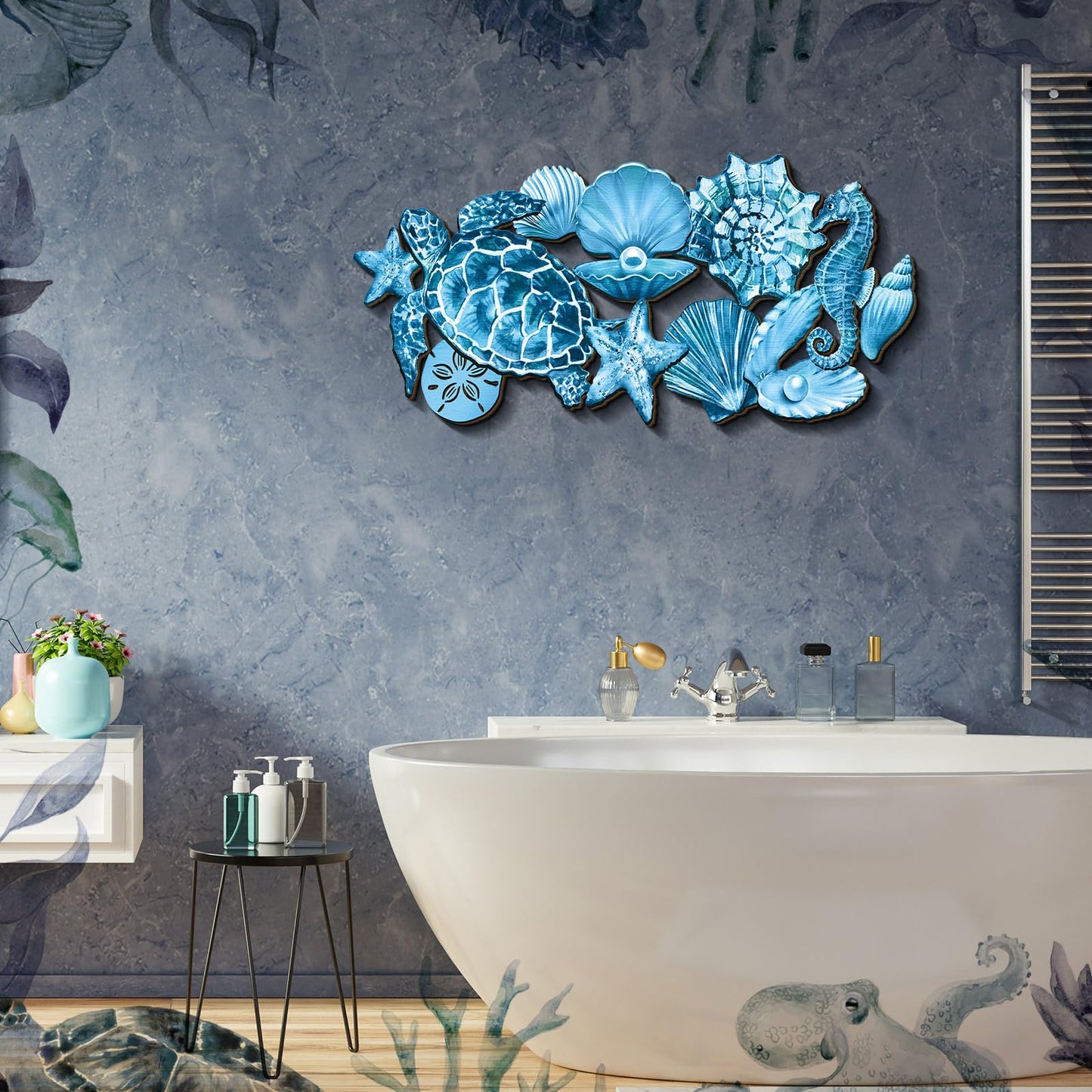 Qunclay Summer Ocean Themed Wall Decorations Sea Horse Shell Coastal Wood Sea Turtle Starfish Ocean Voyage Wall Hanging Decor for Home Pool Living Room Bedroom Outdoor Art, 15.8 Inch