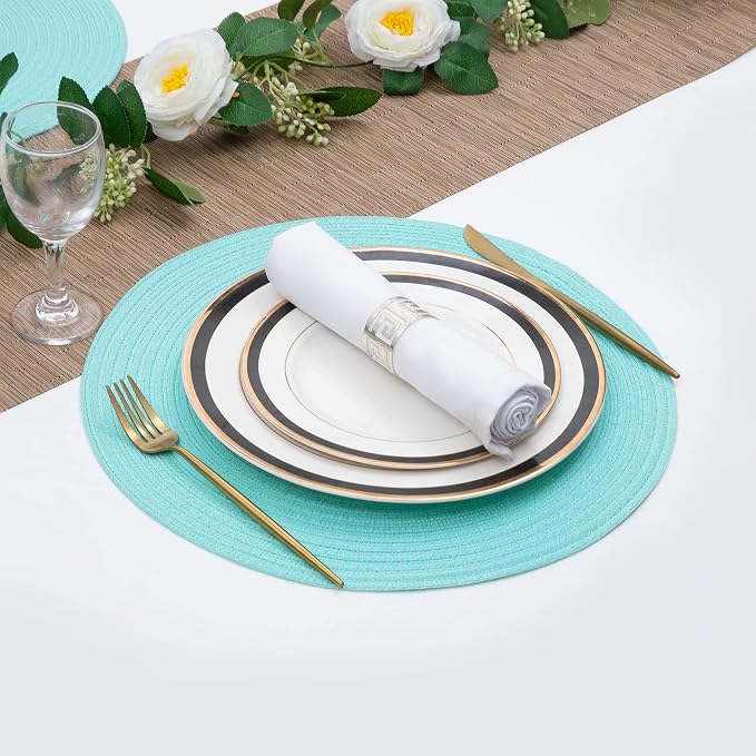 SHACOS Round Placemats Set of 4 Washable 15 inch Round Table Mats Cotton Polyester Woven Braided Place Mats for Dining Table Wedding Party Decor (Aqua, 4)
