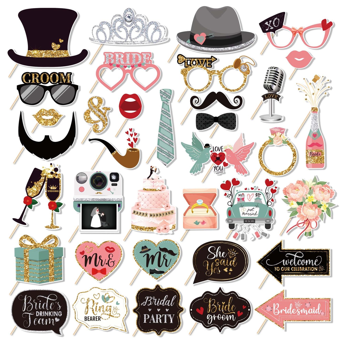 36 PCS Wedding Photo Booth Props Party Supplies Selfie SignsHoliday Picture Decorations Photo Booth Props for Weeding Party Favors Pose Sign Kit Fun for Party