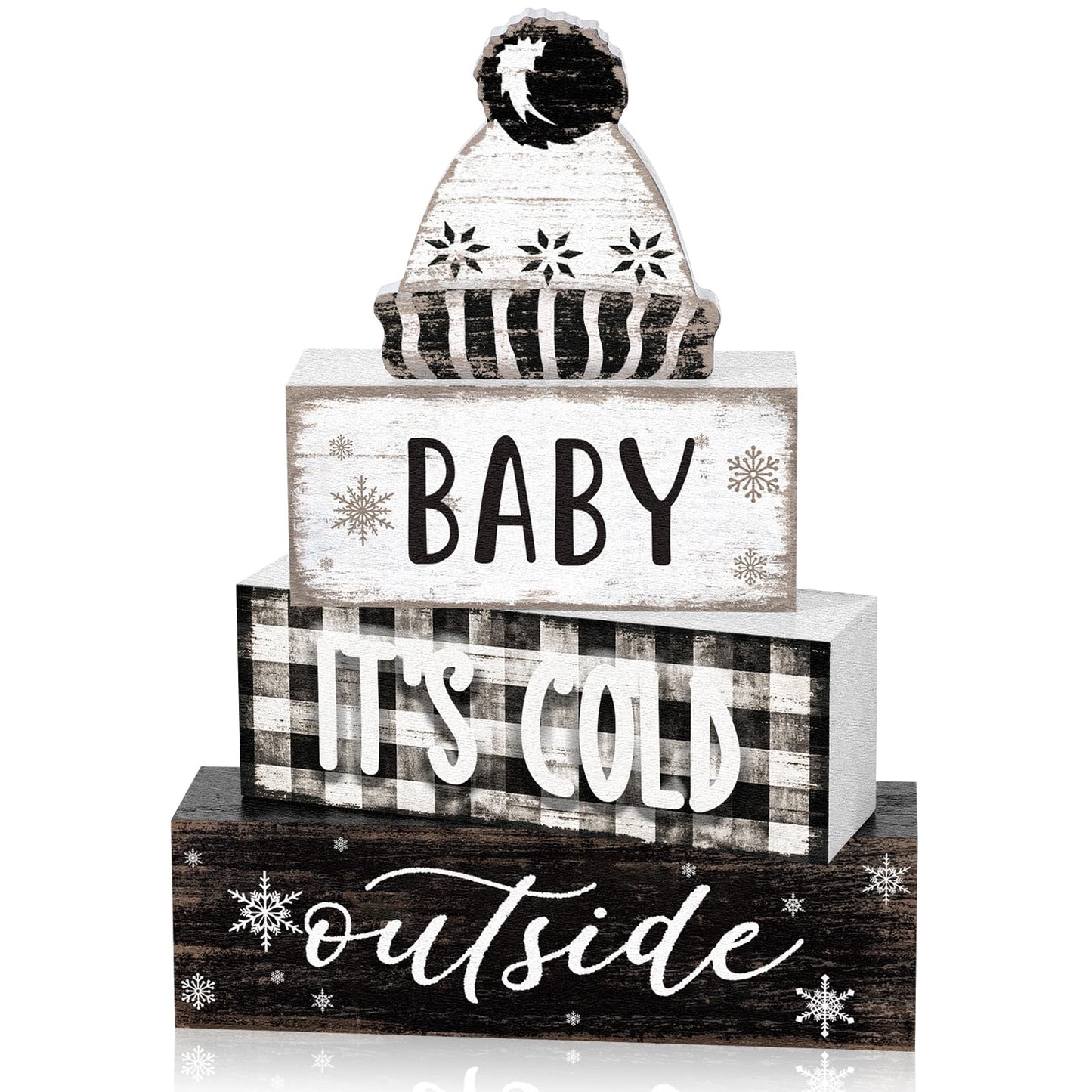 Marsui 4 Pcs Winter Wooden Tabletop Decor Wooden Hat Block Sign Rustic Tiered Tray Decor Baby Its Cold Outside Table Centerpiece Cozy Neutral Winter Decoration for Home Office Desk Shelf