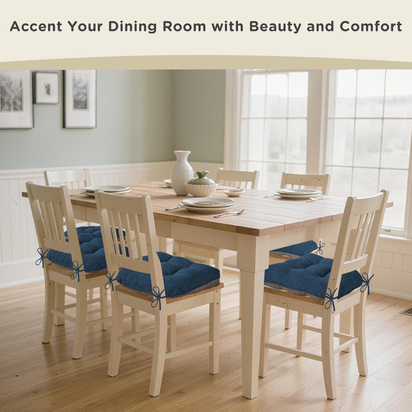 AddGrace Chair Cushions for Dining Chairs Set of 1 Kitchen Seat Cushions with Ties and Non Slip Backing Tufted Indoor Seat Pad for Kitchen Dining Room 18" x 17" x 3" Navy