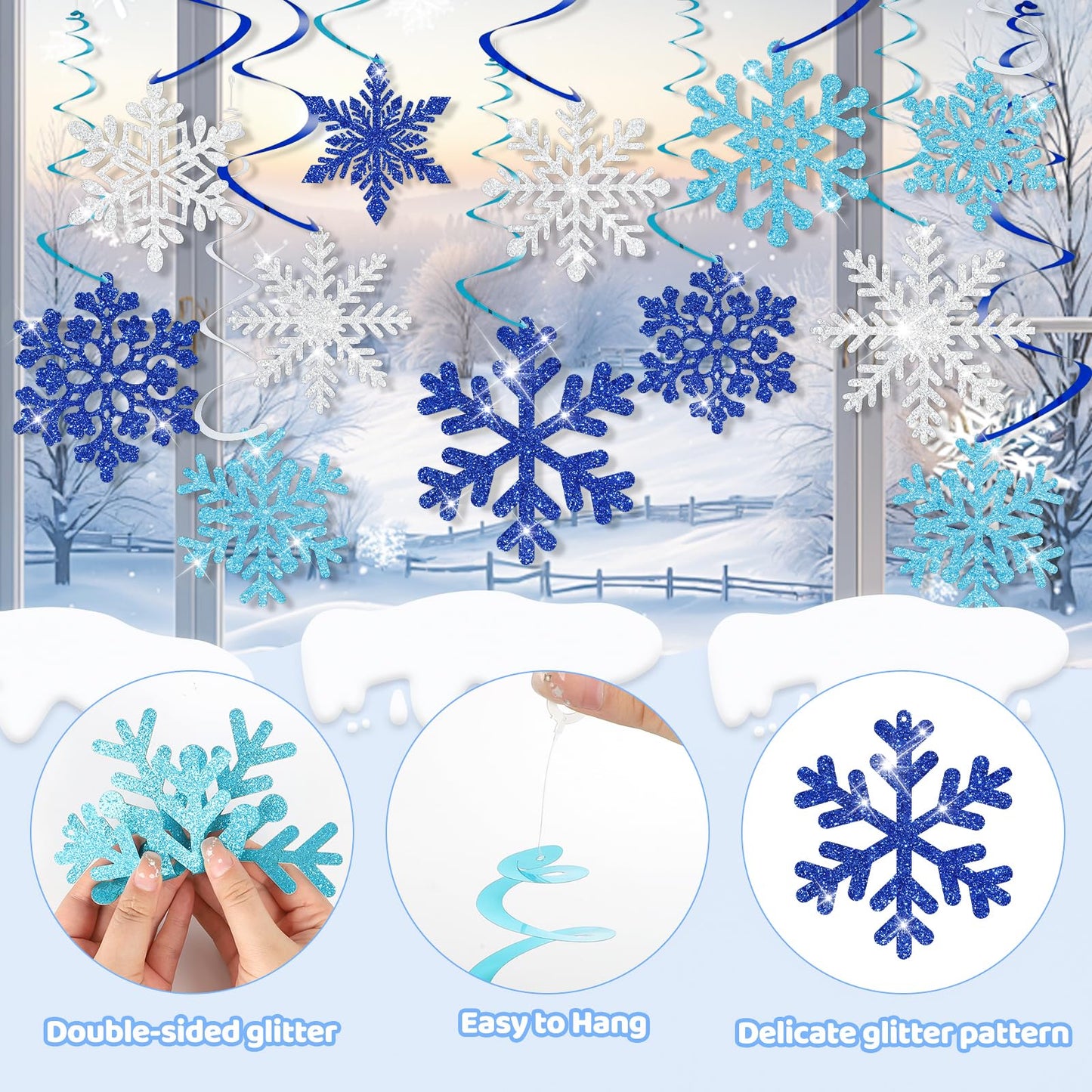 30Pcs Winter Glitter Snowflake Hanging Swirl Decorations Winter Wonderland Decorations Christmas Snowflake Hanging Swirls Ceiling Streamers Baby Shower Hanging Decor Birthday Wedding Party Supplies