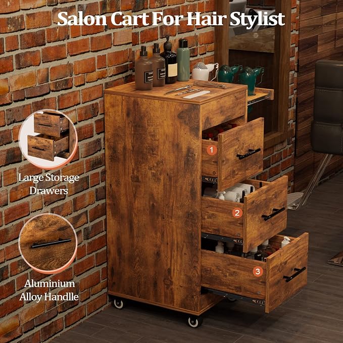 Salon Trolley Cart with Wheels, 3-Drawer Rolling Hair Styling Station, Mobile Beauty Trolley with Hot Tools Holder, Storage for Salon, Barbershop, Spa & Tattoo, Rustic Brown