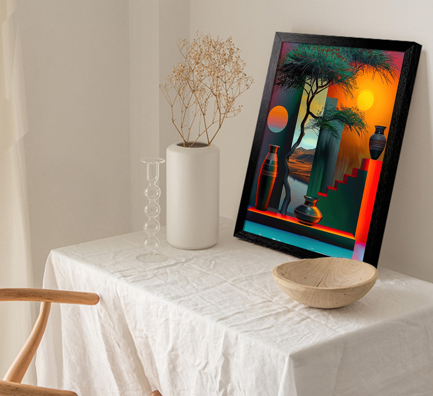 Black Framed African American Canvas Wall Art, Africa Modern Painting Picture Wall Decor, Afrocentric Tree And Vase Poster Print Artwork for Living Room Bedroom Office Home Decoration