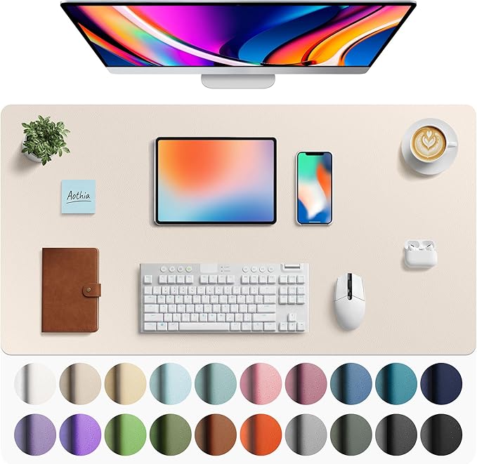 Aothia Faux Leather Desk Mat - Large Mouse Pad, Non-Slip PU Leather Blotter, Waterproof Writing Surface for Office and Home (Eggshell, 40" x 24")
