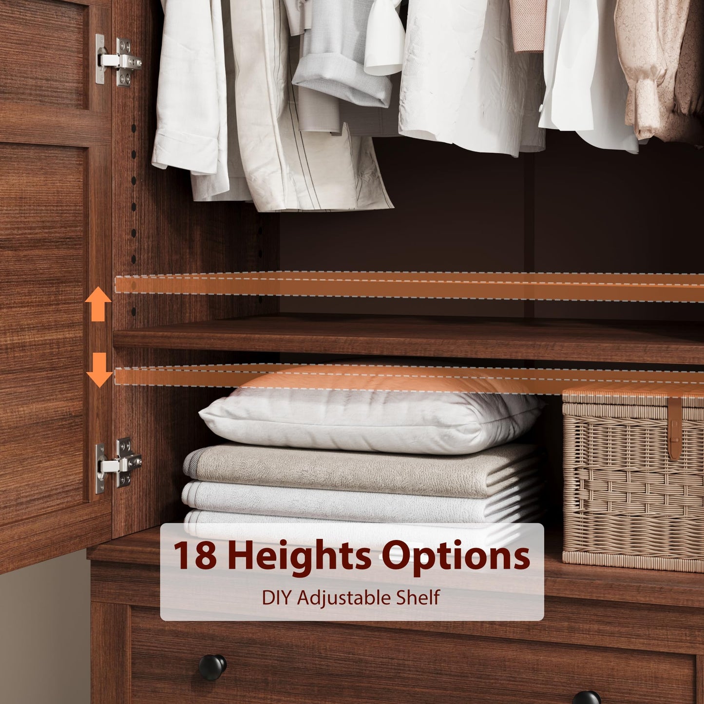 GarveeHome Armoire Wardrobe Closet with 2 Drawers,72 in Wooden Wardrobe Cabinet with Hanging Rod, Tall Clothing Armoire Cabinet with Doors and 18 Adjustable Shelves for Bedroom, Clothes,Walunt Brown