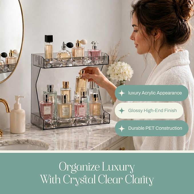 Perfume Organizer for Vanity, Premium Clear Acrylic Makeup Organizer Countertop with Non-Slip Trays, Easy 30-Second Assembly, Holds 12–16 Bottles for Bathroom & Dresser (Dark Diamond)