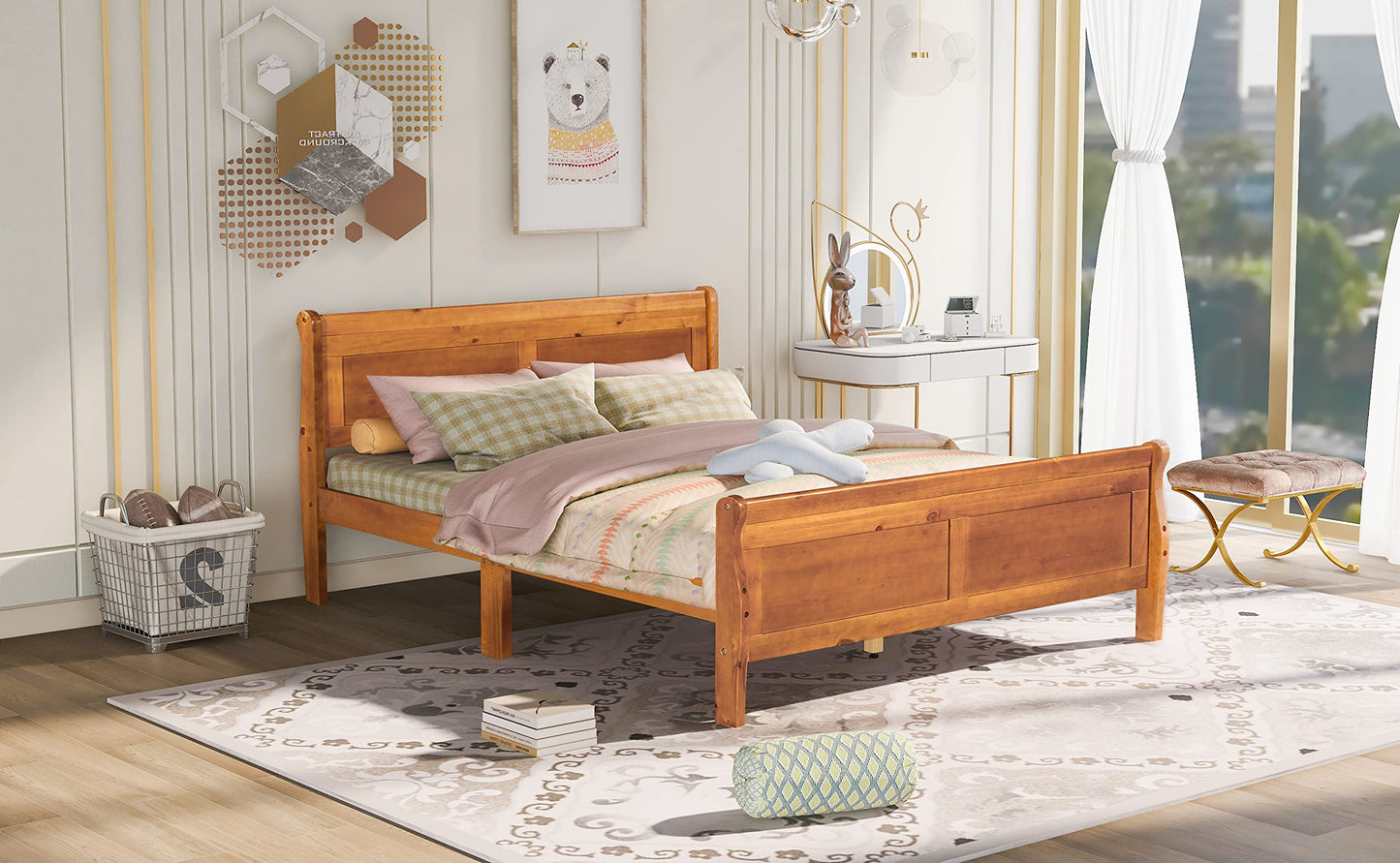 GDFStudio Queen Bed Frame, Wood Platform Queen Size Bed Frame with Headboard and Solid Wood Slat Support, Mid Century Modern Wooden Bed Frame for Bedroom Guest Room, No Box Spring Needed, Oak