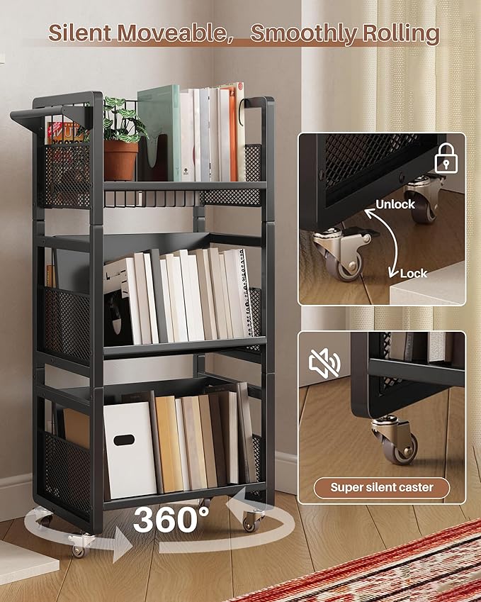 UMDONX Book Cart Heavy Duty Double-Sided with Silent Wheels & 3 Magnetic Book Supports Rolling Bookshelf Library Book Truck for Home, Office, or School