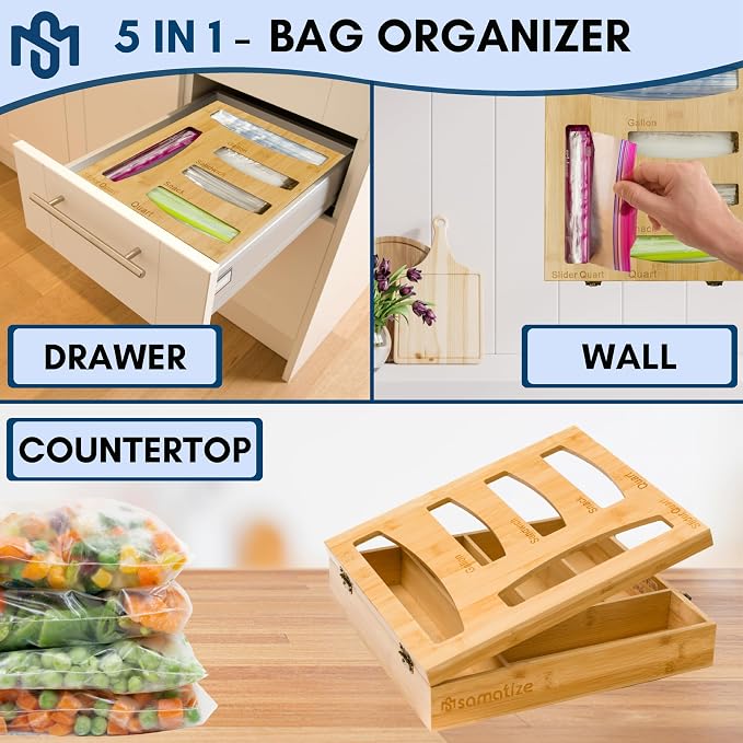 Storage Bag Holder, Baggie Organizer for Drawer or Wall Mount, Compatible with Gallon, Quart, Sandwich, Snack Size Bags, 1 Box 5 Slots, Bamboo Drawer Organizer, Baggie Holder