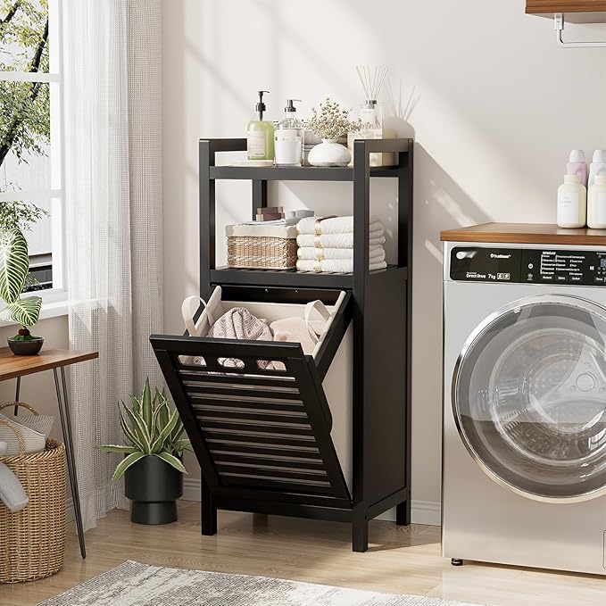 Homykic Tilt Out Laundry Hamper, 10 Gal Bamboo Laundry Storage Cabinet with Removable Basket, Hidden Hamper Organizer with Shelf for Dirty Clothes, Bathroom, Laundry Room, Space Saving, Black