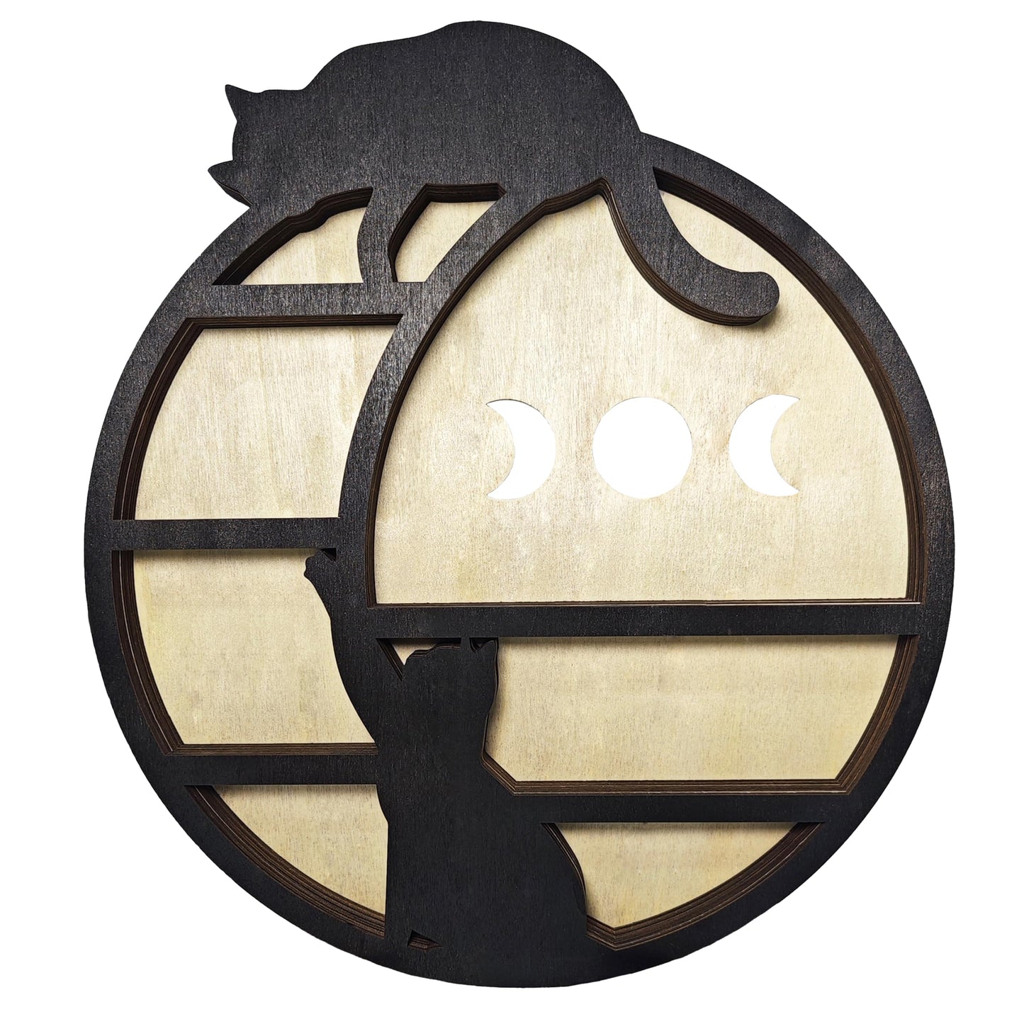 FNYDOX Cats on The Moon Crystal Display Shelf, Wooden Hanging Floating Shelf, Crescent Moon Phase Shelf Stones Essential Oil Organizer Rock Storage Gem Holder Wood Gothic Witchy Boho Home Wall Decor