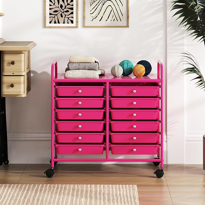 COSTWAY 12-Drawer Rolling Storage Cart, Utility Storage Organizer Cart for Tools, Scrapbook, Paper, Craft, Multipurpose Art Supply Organizer on Wheels for Home Office School, Teacher, Hot Pink