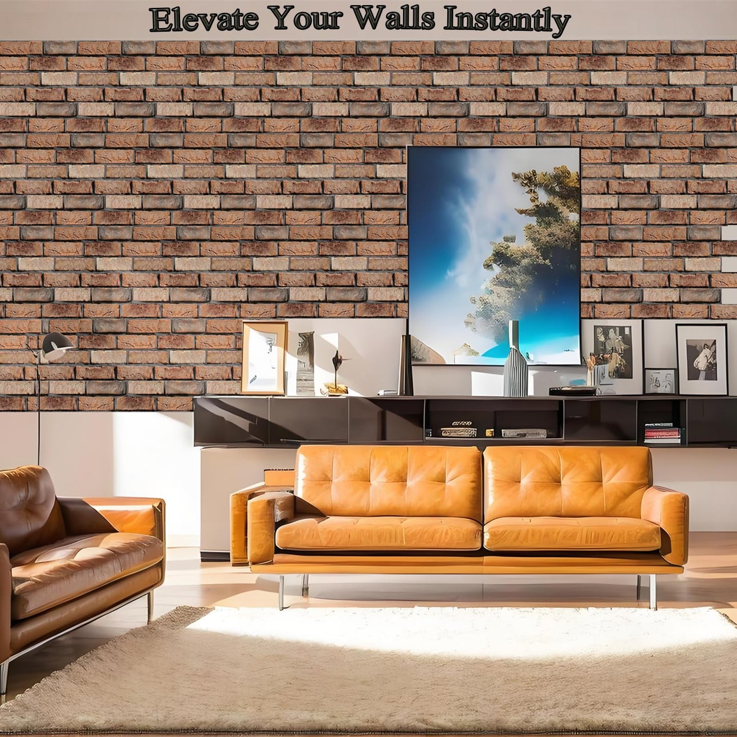 Veczom 3D Brick Wall Panels Peel and Stick,10 Pack Self-Adhesive PVC Wall Tiles, Waterproof Textured Decor for Living Room, Kitchen, Bedroom, Office Accent (4Lines Seamless Brown Stone)