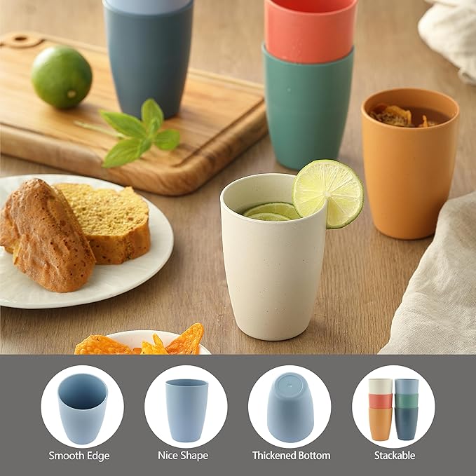 6PCS Wheat Straw Cups, OHOLA Unbreakable Reusable Plastic Drinking Glasses Cups Tumblers (12OZ, 6 Colors)