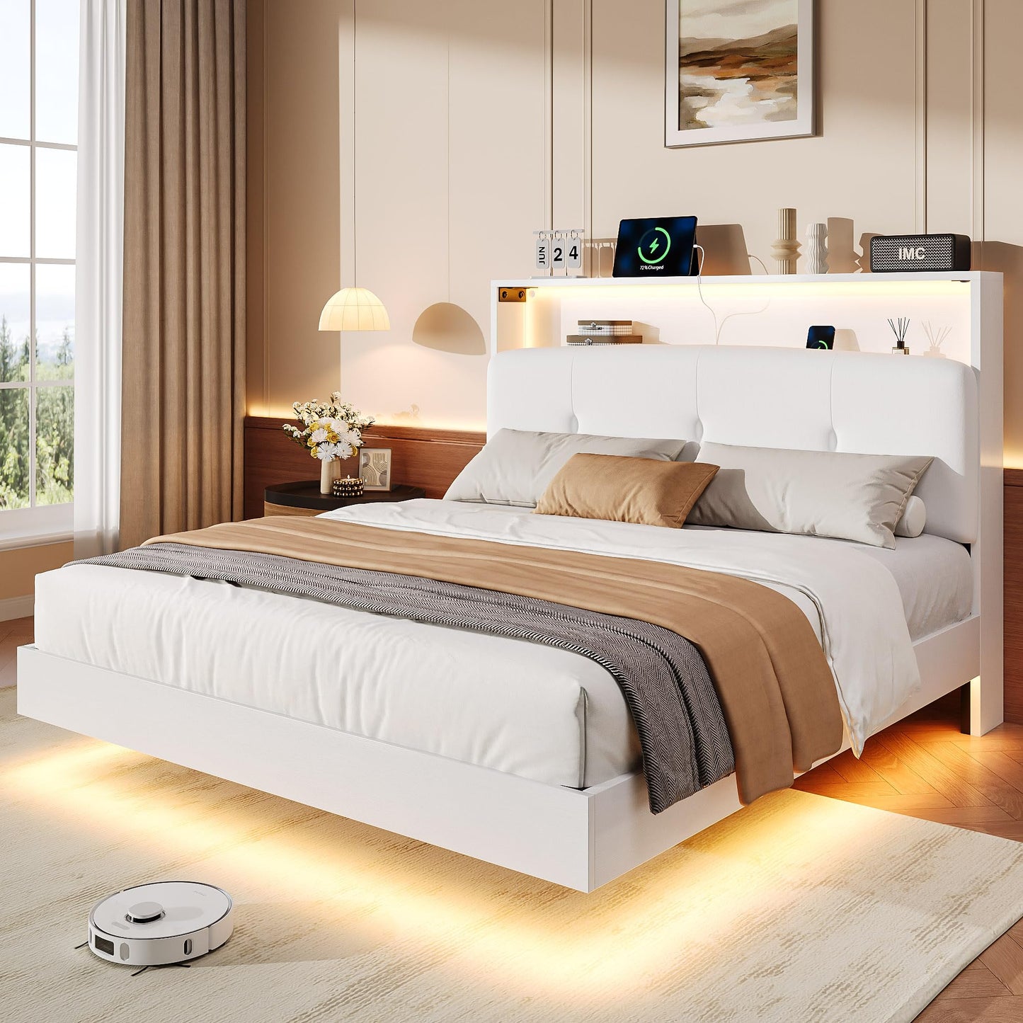 Einhomn Floating Bed Frame Full with 2-Tier Storage Velvet Fabric Upholstered Headboard, Wooden Platform Bed Frame w/Charging Station & LED Lights, Metal Slats Support, No Box Spring Needed, White