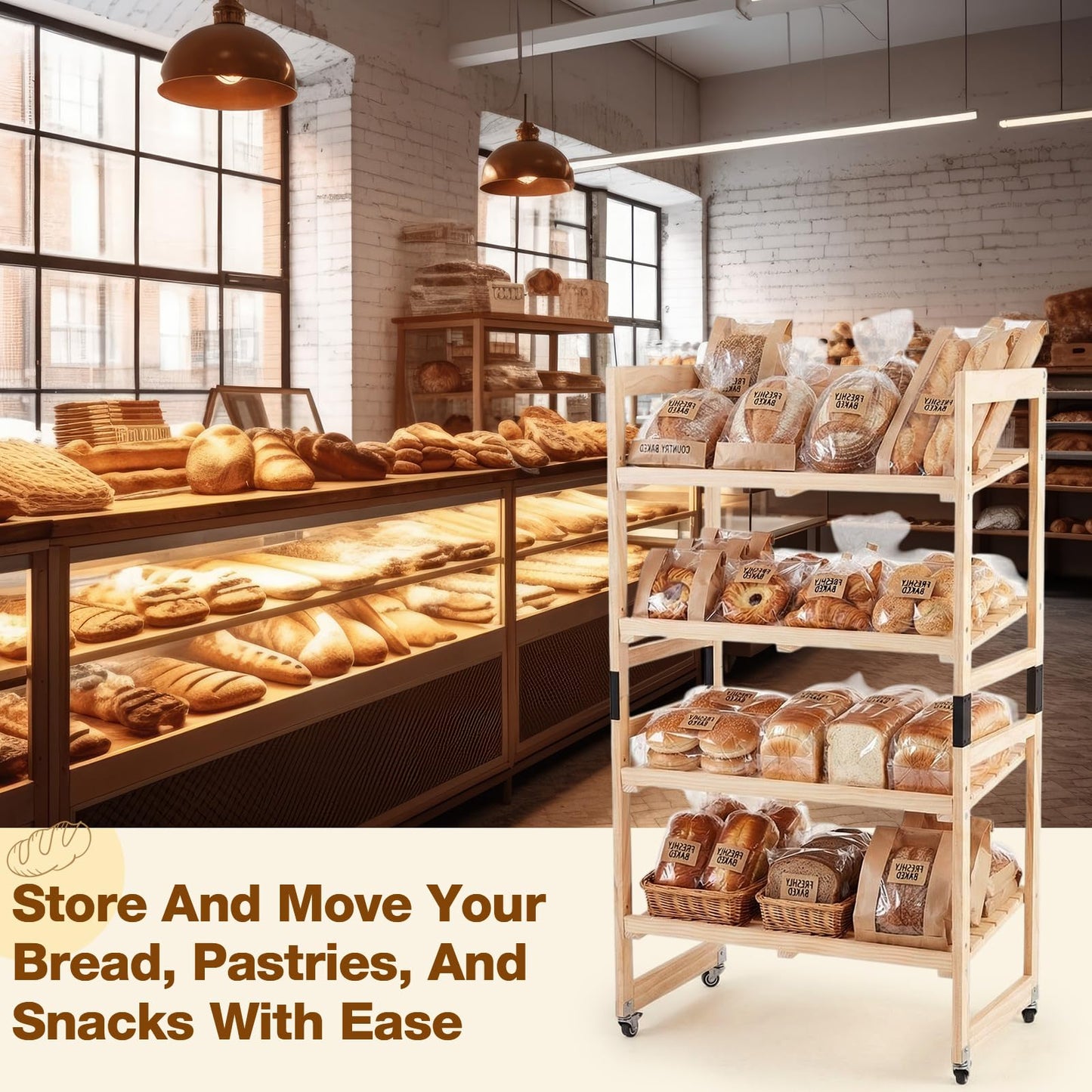 AceOrbit 55" x 30" x 18" 4 Tier Wood Bakery Bread Rack with Angled Shelves Bread Fruit Vegetable Display Shelf Stand for Shop, Pantry, Office, Grocery, Supermarket, Kitchen Organizer