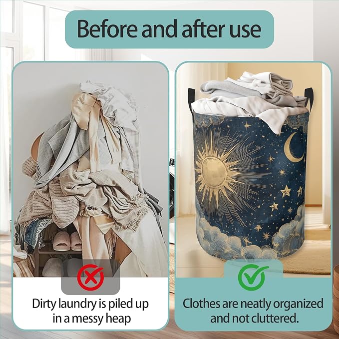 Boho Sun Moon Round Laundry Basket Collapsible Laundry Hamper with Handles Toys Clothes Organizer Bin For Home Bathroom Bedroom Dorm Nursery