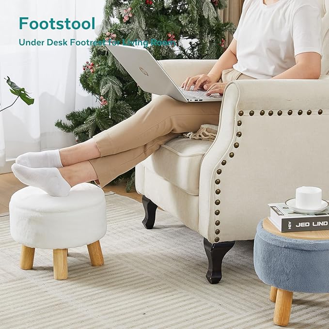Small Foot Stool Ottoman with Storage, Soft Faux Fur Ottoman Foot Rest for Couch, Round Footstool with Storage, Small Ottomans and Footstools for Living Room and Entryway (Black)