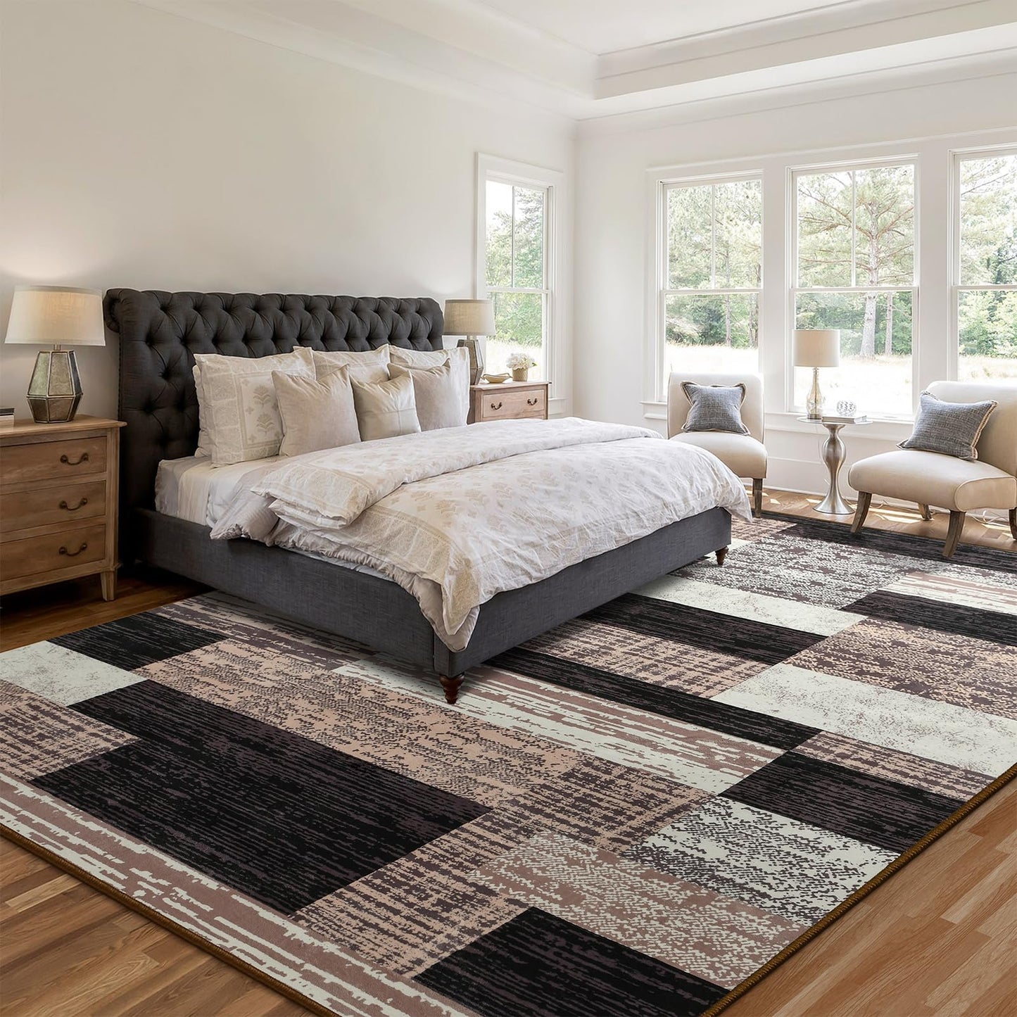 Large Area Rugs,Modern Geometric Patchwork Floor Decor for Bedroom Aesthetic Carpet, Rockwood Collection, Indoor Rugs for Living Room Dining Room Nursery Office Machine Washable Rug, 5x8 Ft Chocolate