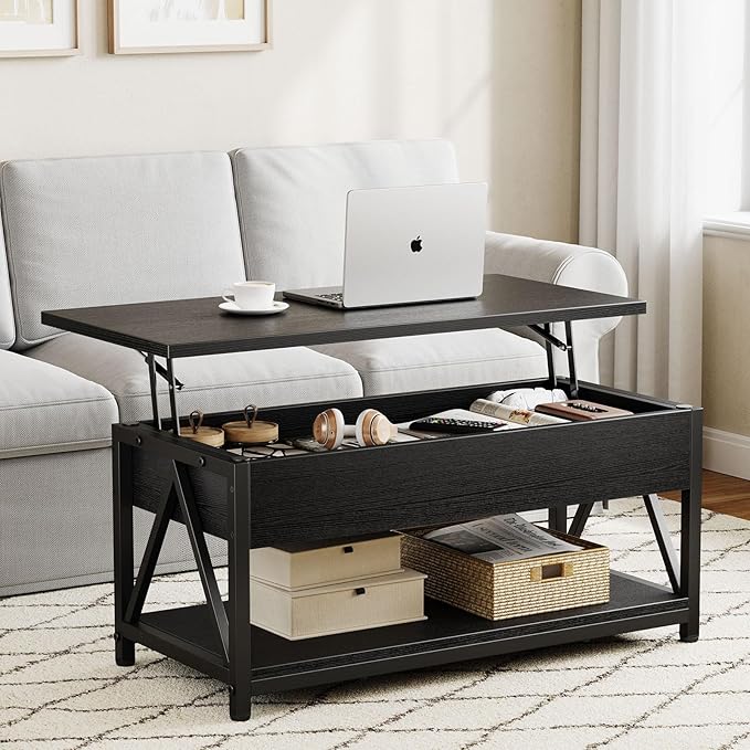 Memobarco Lift Top Coffee Table,Lift Coffee Tables with Storage Shelf and Large Hidden Compartment for Living Room,Lifting top Coffee Table for Small Space,Black