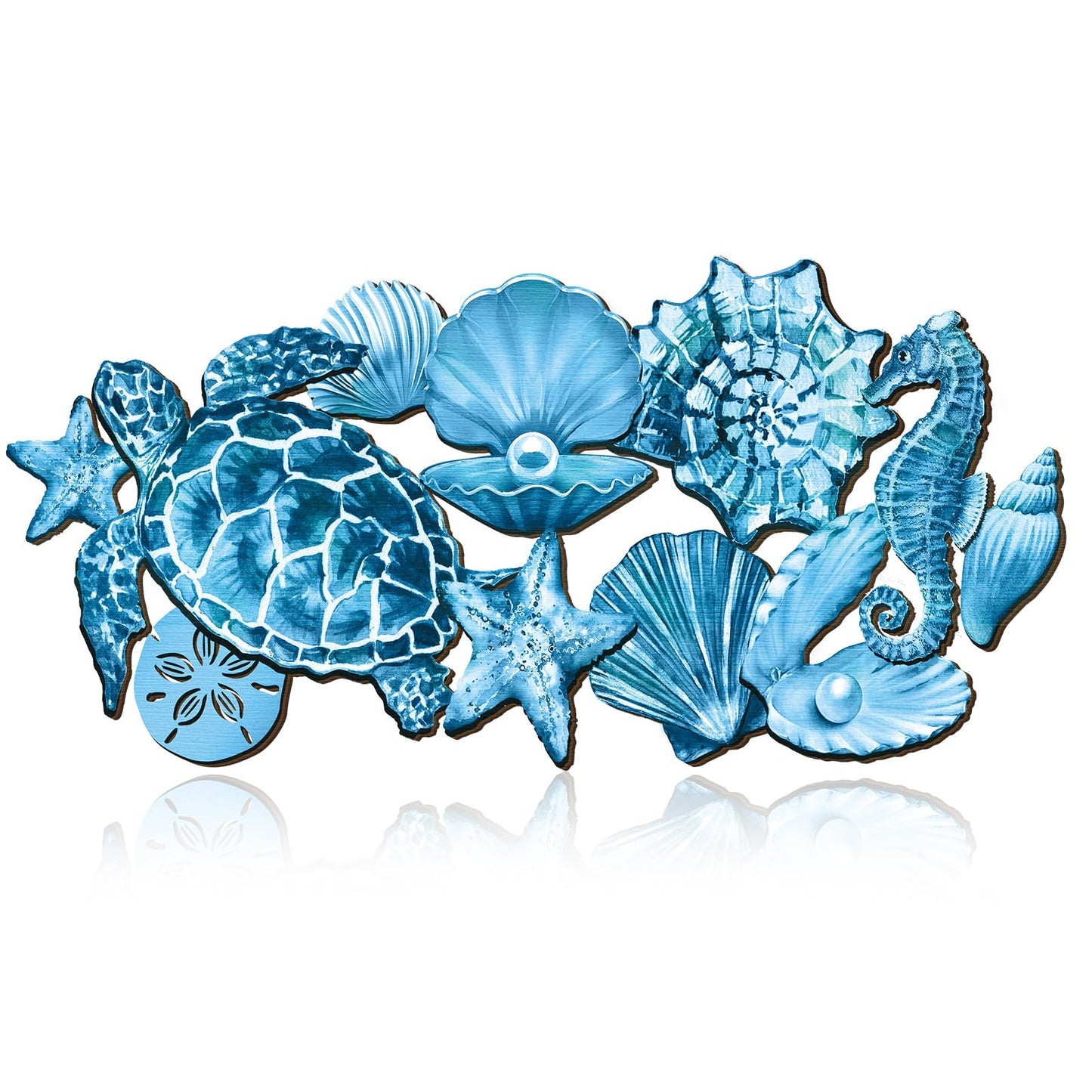 Qunclay Summer Ocean Themed Wall Decorations Sea Horse Shell Coastal Wood Sea Turtle Starfish Ocean Voyage Wall Hanging Decor for Home Pool Living Room Bedroom Outdoor Art, 15.8 Inch