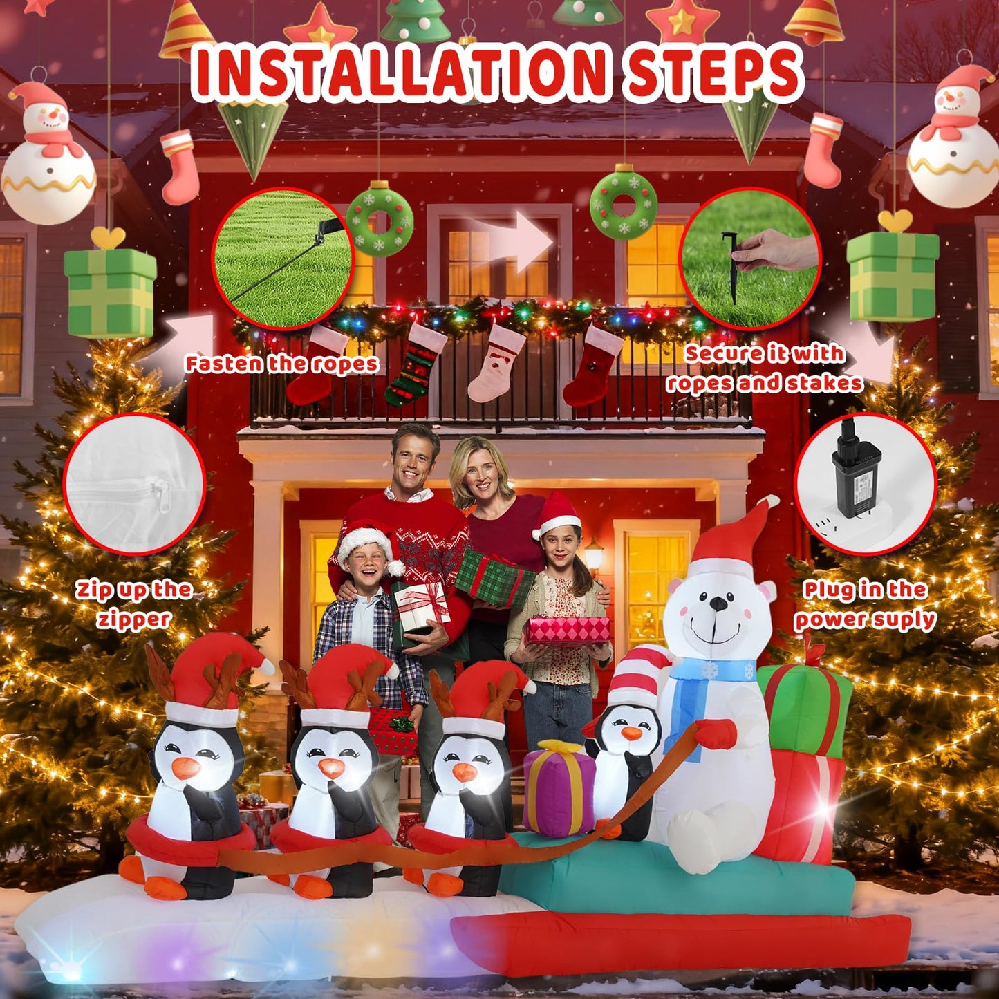 HZGDEJTG 10FT Penguin Pulling a Polar Bear On a Sleigh Christmas Outdoor Inflatable Decoration, Built-in LED Lights and Flashing Lights, Suitable for Christmas Lawns, Gardens, and Courtyards